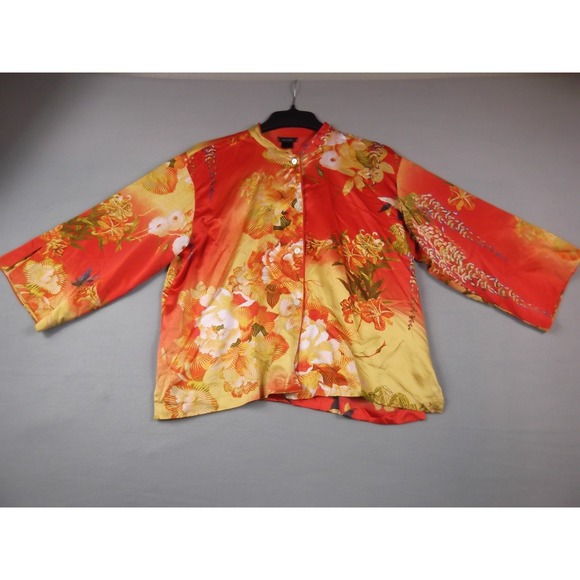 Natori Other - Natori Jacket Womens Large Red Yellow Floral Satin Kimono Asian‎ Style Button Up